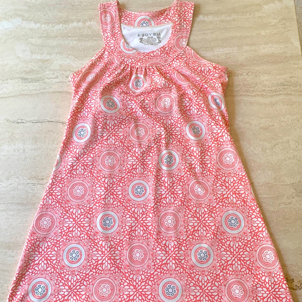 Soybu racer back dress. Built in shelf bra. Light coral with blue accents.